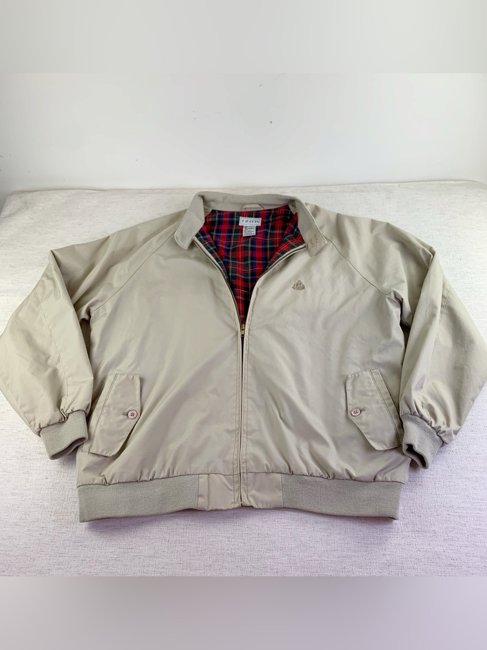IZOD Men’s Beige Harrington Golf Jacket Plaid Lined Full Zip Bomber XL